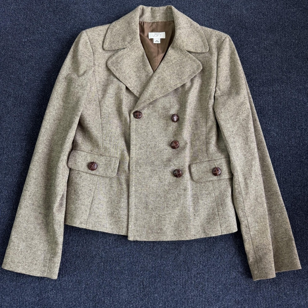 Ann Taylor LOFT Blazer Jacket Womens 6 Beige Tweed Double Breasted Lined Career